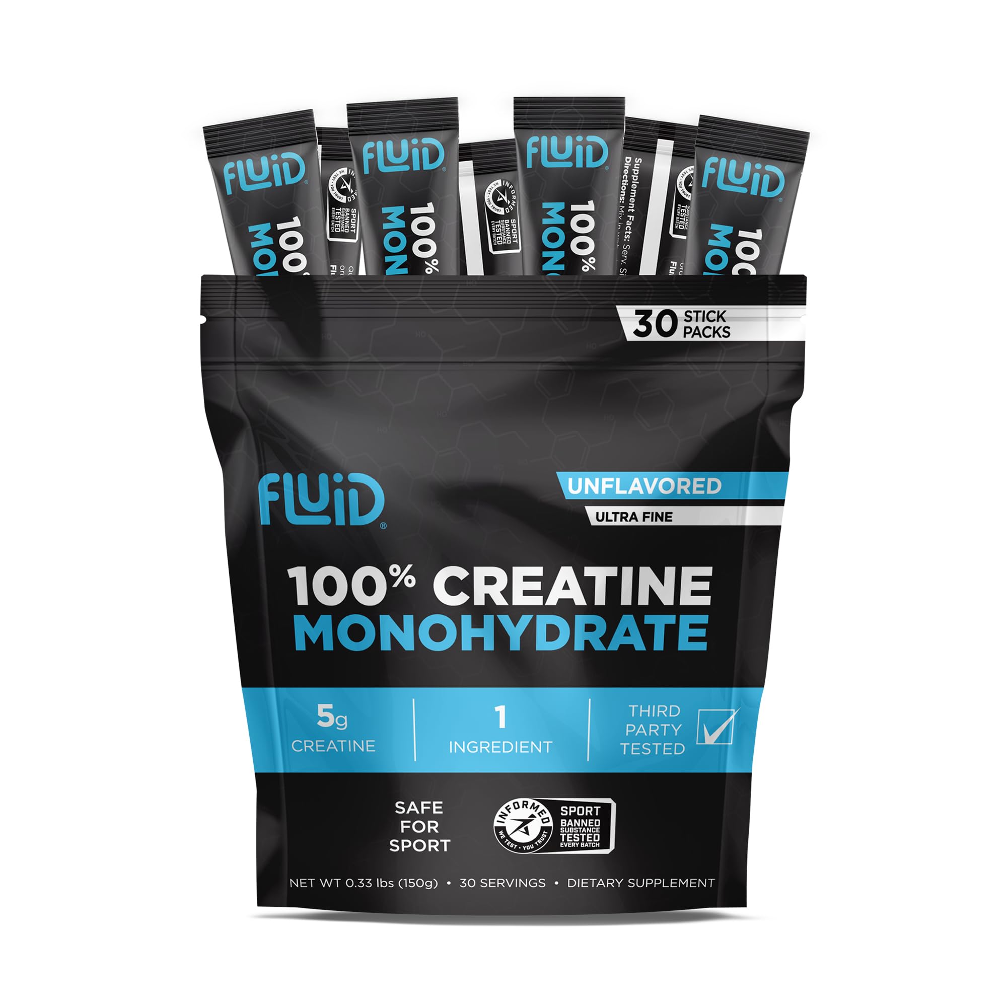 Fluid Creatine - Informed Sport Certified | Ultra-Fine Micronized 100% Creatine Monohydrate Powder | Unflavored | 5g Travel Stick Packs | 30 Servings - Maple Wellness Supplements