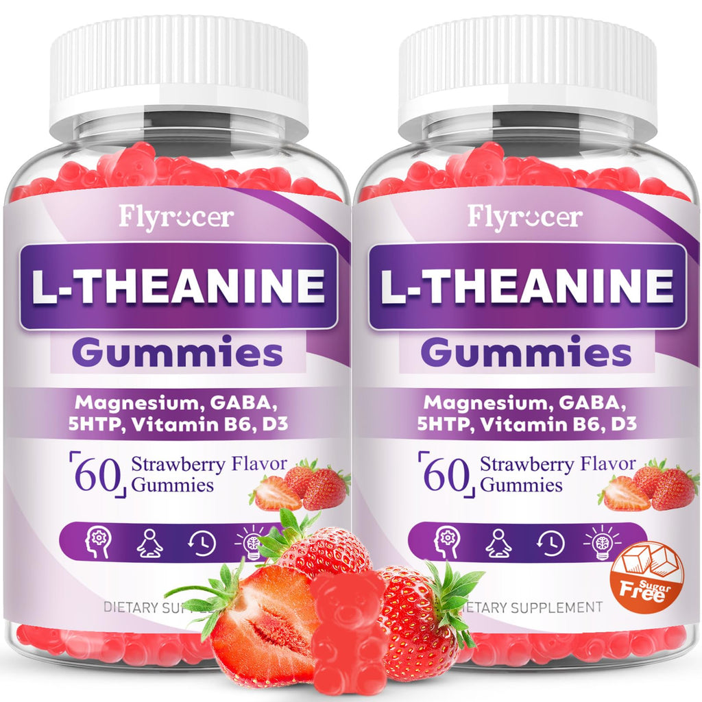 Flyrocer 2 Pack L-Theanine Gummies, L Theanine Supplement for Adults & Kids, L'Theanine with Ashwagandha, Magnesium, 5HTP & GABA - Support Calm, Relax, zzZ, Focus, Vegan Strawberry Flavor, 120 Count - TrustMedUSA