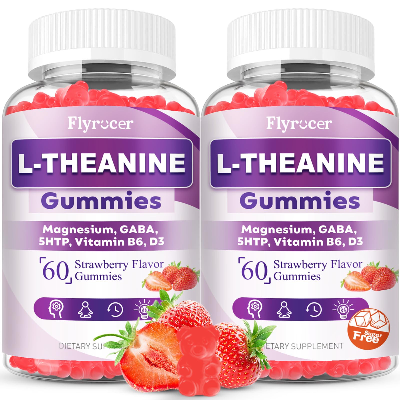 Flyrocer 2 Pack L-Theanine Gummies, L Theanine Supplement for Adults & Kids, L'Theanine with Ashwagandha, Magnesium, 5HTP & GABA - Support Calm, Relax, zzZ, Focus, Vegan Strawberry Flavor, 120 Count - TrustMedUSA