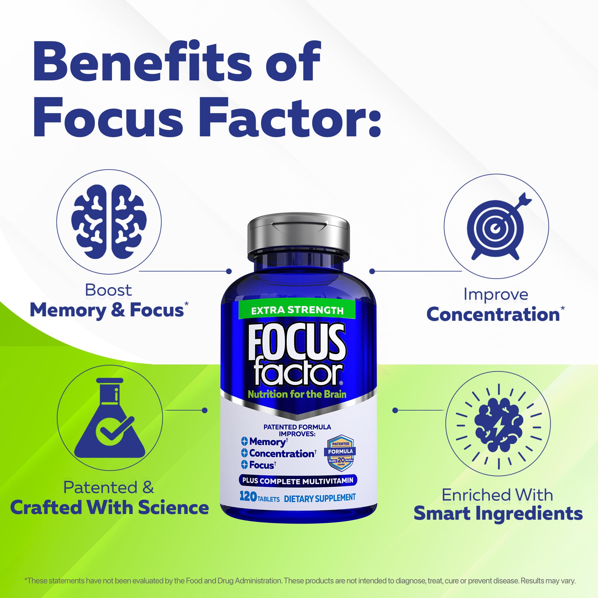 Focus Factor Adults Extra Strength, 120 Count - Brain Supplement for Memory, Concentration and Focus - Complete Multivitamin with DMAE - TrustMedUSA