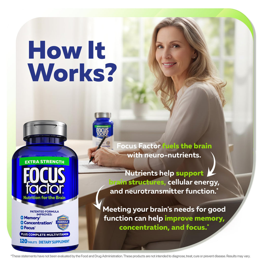 Focus Factor Adults Extra Strength, 120 Count - Brain Supplement for Memory, Concentration and Focus - Complete Multivitamin with DMAE - TrustMedUSA