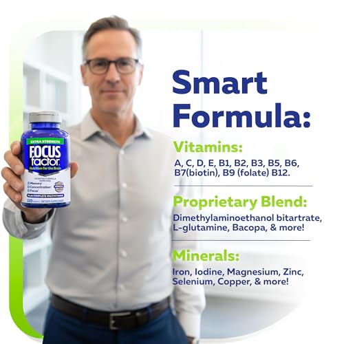 Focus Factor Adults Extra Strength, 120 Count - Brain Supplement for Memory, Concentration and Focus - Complete Multivitamin with DMAE - TrustMedUSA