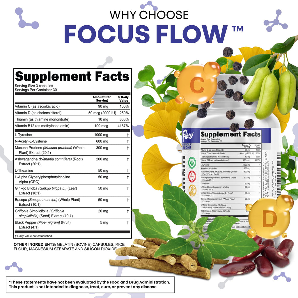 Focus Flow L-Tyrosine Vitamin B C D L-Theanine Ashwagandha Ginkgo Biloba Vitamin B12 Thiamine Black Pepper N-Acetylcysteine Mucuna Pruriens 90 Count Capsules by Clean Nutra - TrustMedUSA