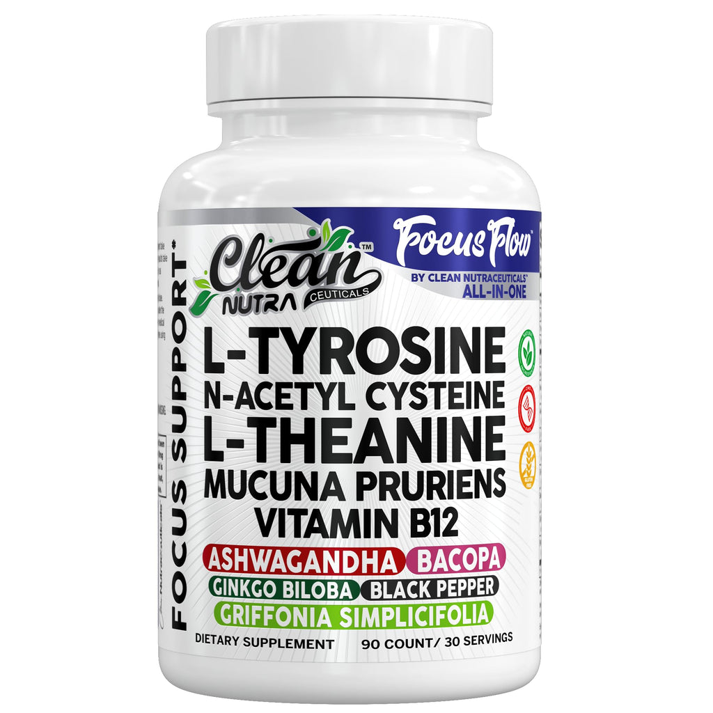 Focus Flow L-Tyrosine Vitamin B C D L-Theanine Ashwagandha Ginkgo Biloba Vitamin B12 Thiamine Black Pepper N-Acetylcysteine Mucuna Pruriens 90 Count Capsules by Clean Nutra - TrustMedUSA