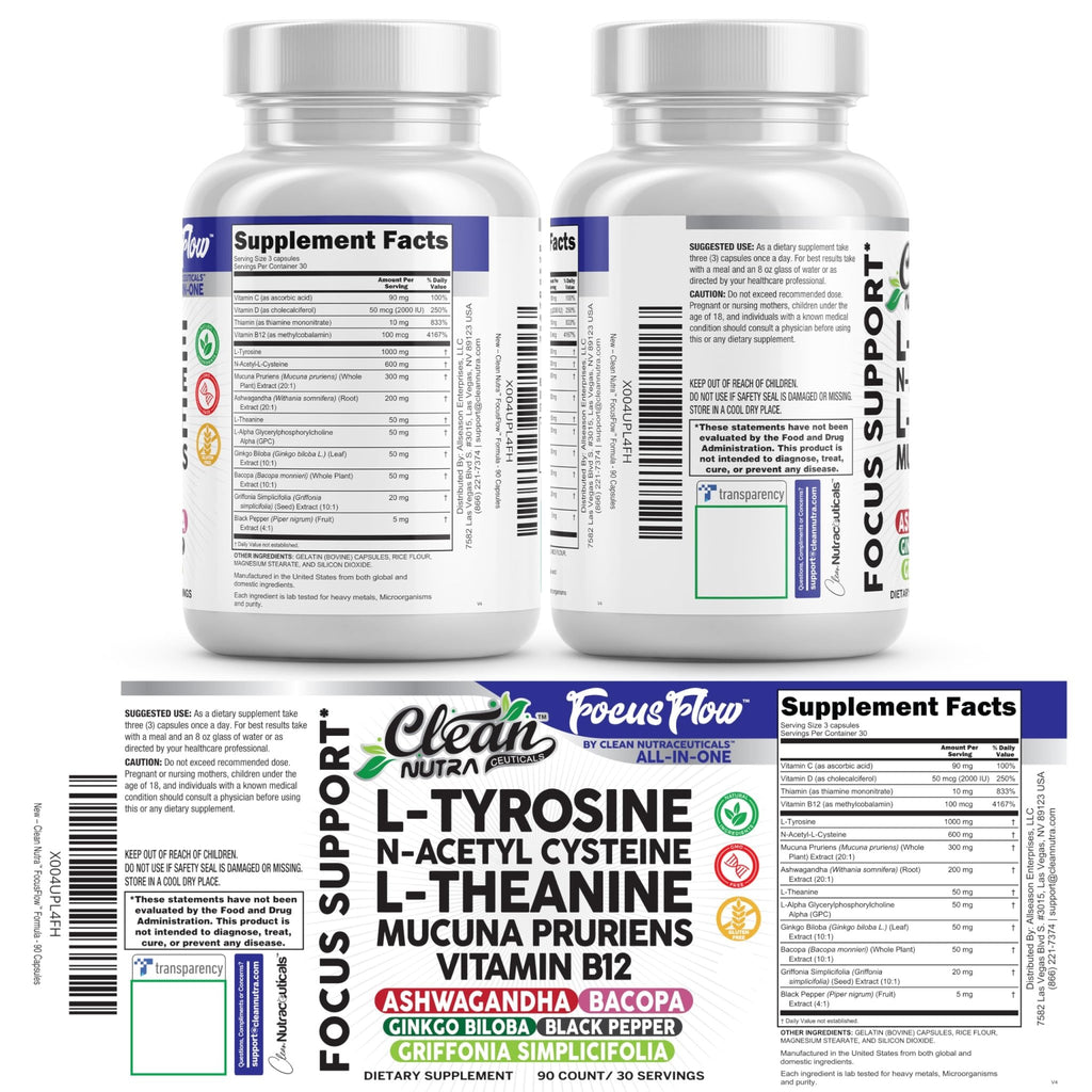 Focus Flow L-Tyrosine Vitamin B C D L-Theanine Ashwagandha Ginkgo Biloba Vitamin B12 Thiamine Black Pepper N-Acetylcysteine Mucuna Pruriens 90 Count Capsules by Clean Nutra - TrustMedUSA
