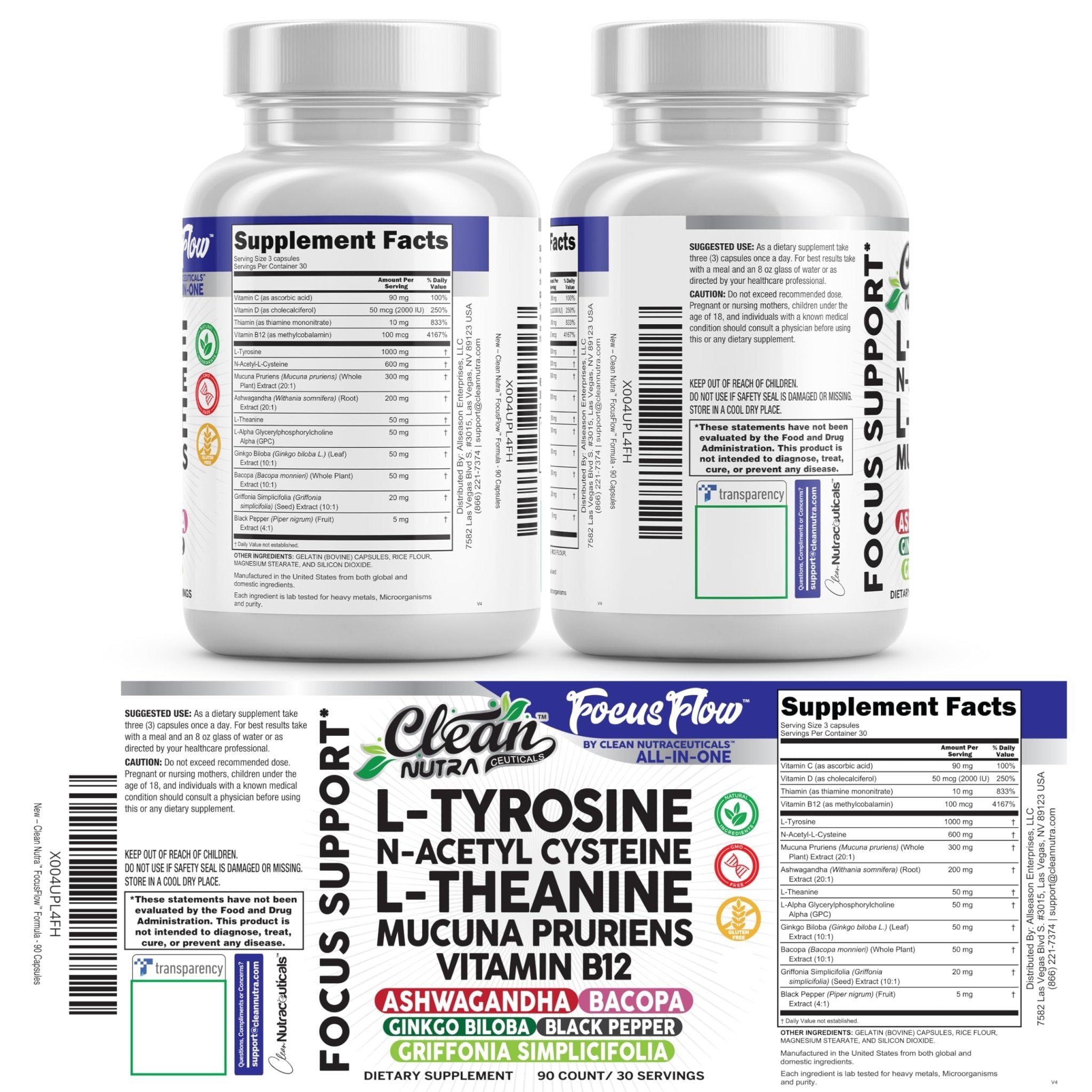 Focus Flow L-Tyrosine Vitamin B C D L-Theanine Ashwagandha Ginkgo Biloba Vitamin B12 Thiamine Black Pepper N-Acetylcysteine Mucuna Pruriens 90 Count Capsules by Clean Nutra - TrustMedUSA
