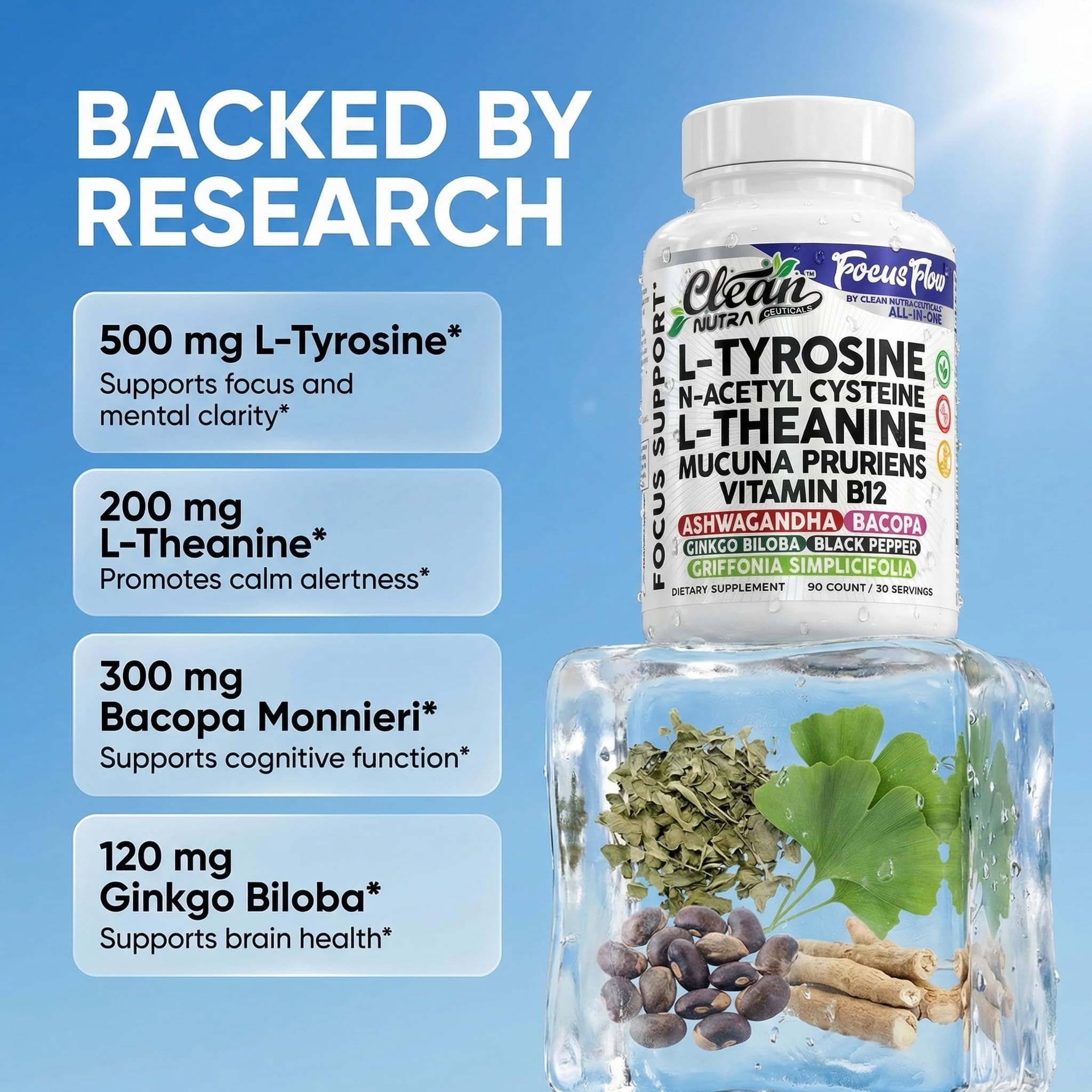 Focus Flow L-Tyrosine Vitamin B C D L-Theanine Ashwagandha Ginkgo Biloba Vitamin B12 Thiamine Black Pepper N-Acetylcysteine Mucuna Pruriens 90 Count Capsules by Clean Nutra - TrustMedUSA