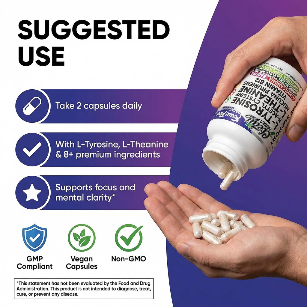 Focus Flow L-Tyrosine Vitamin B C D L-Theanine Ashwagandha Ginkgo Biloba Vitamin B12 Thiamine Black Pepper N-Acetylcysteine Mucuna Pruriens 90 Count Capsules by Clean Nutra - TrustMedUSA