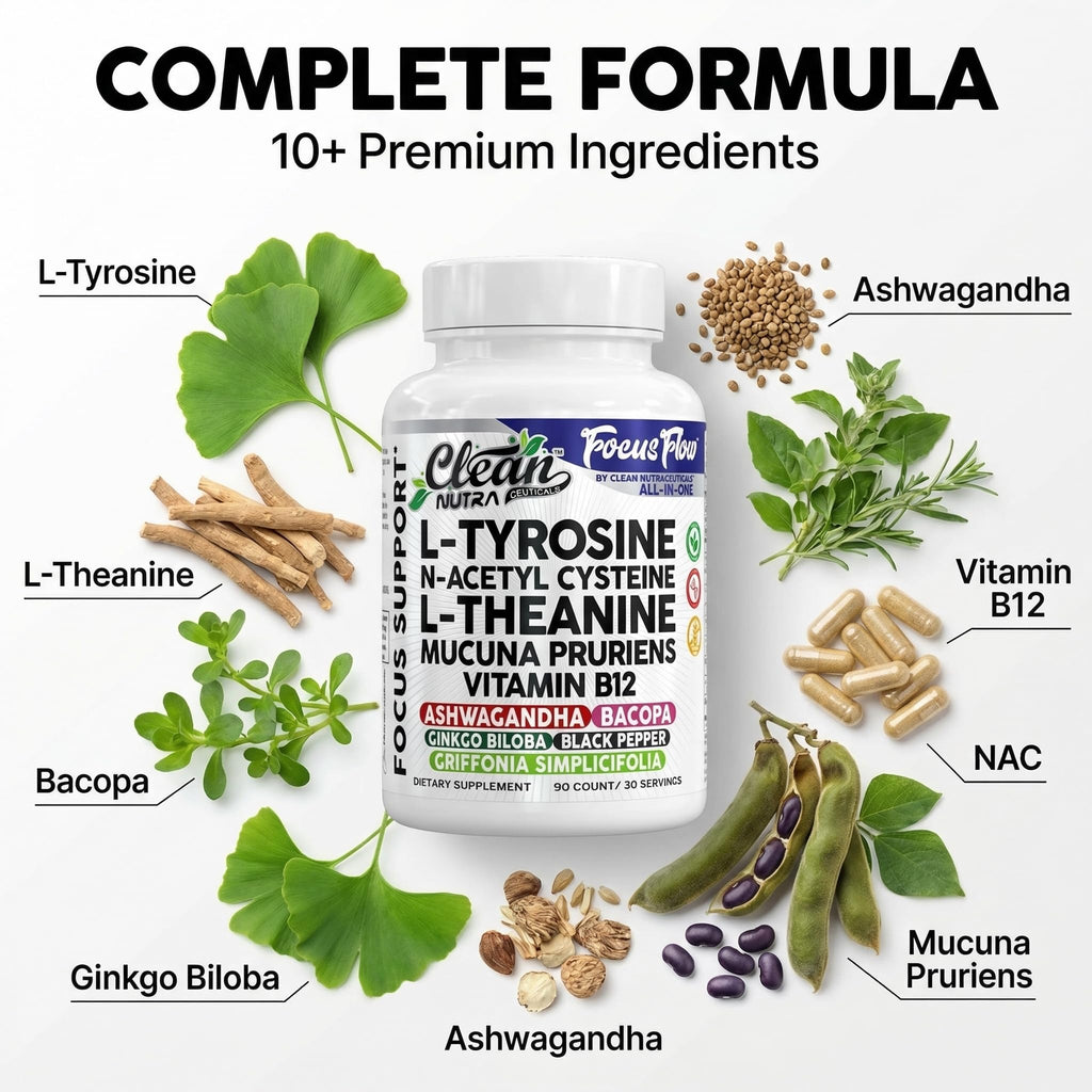 Focus Flow L-Tyrosine Vitamin B C D L-Theanine Ashwagandha Ginkgo Biloba Vitamin B12 Thiamine Black Pepper N-Acetylcysteine Mucuna Pruriens 90 Count Capsules by Clean Nutra - TrustMedUSA