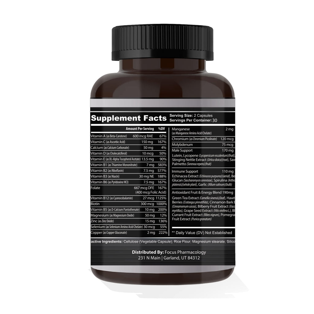 Focus Pharmacology Men's Daily Super Multi-Vitamin for Men - 60 Ct Blend of Vitamins, Minerals, Plus Herbs for Prostate Health and General Energy/Focus - TrustMedUSA
