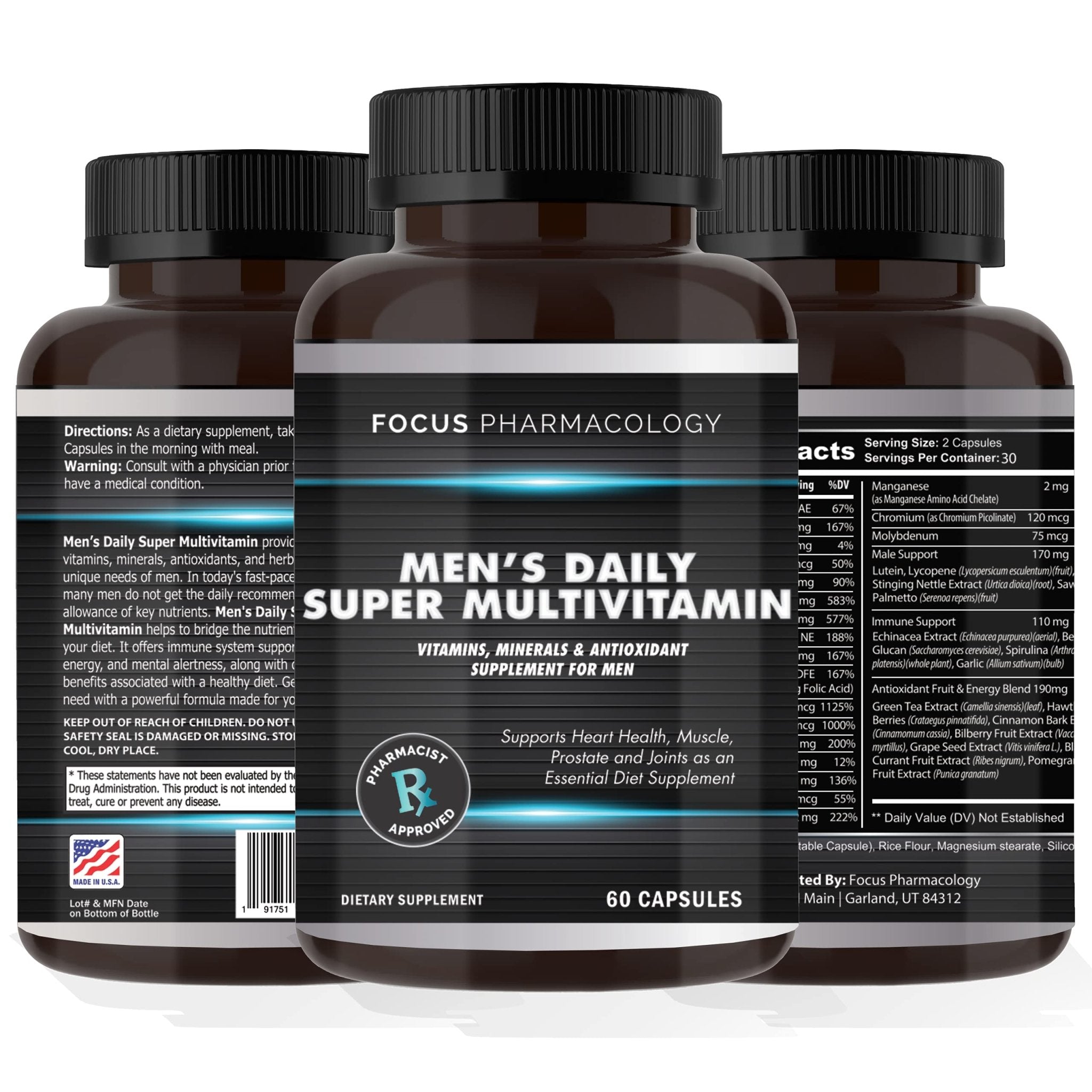 Focus Pharmacology Men's Daily Super Multi-Vitamin for Men - 60 Ct Blend of Vitamins, Minerals, Plus Herbs for Prostate Health and General Energy/Focus - TrustMedUSA