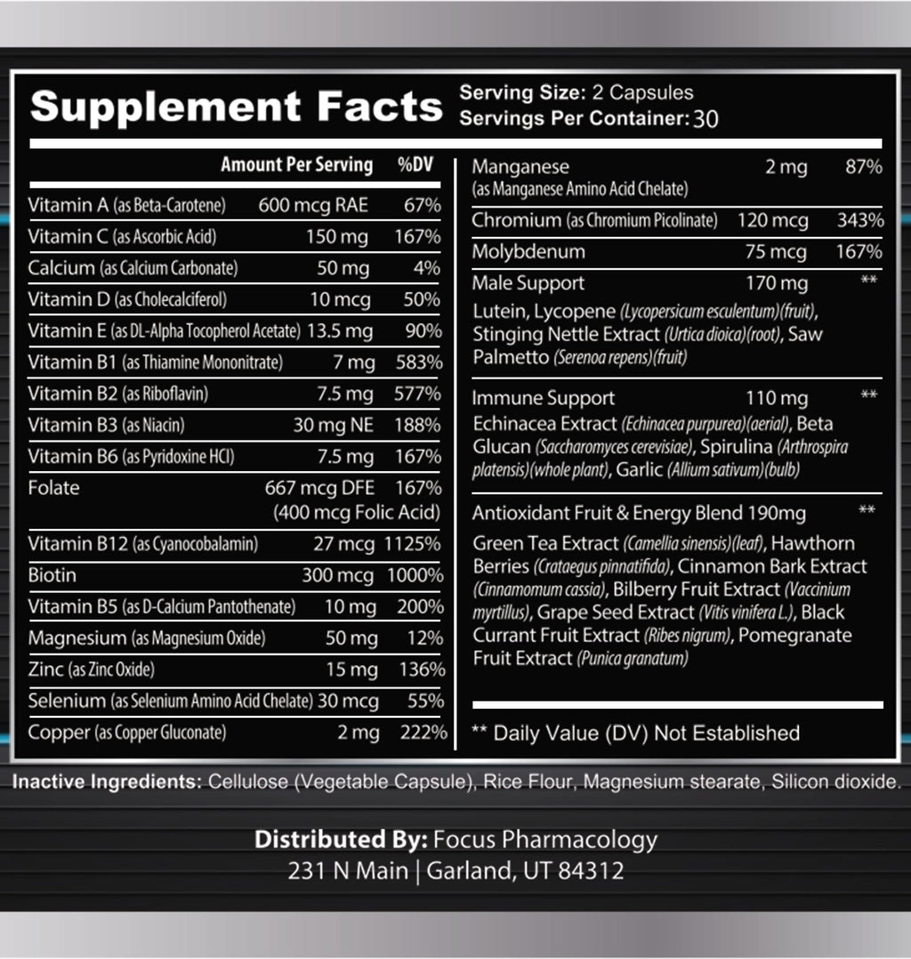 Focus Pharmacology Men's Daily Super Multi-Vitamin for Men - 60 Ct Blend of Vitamins, Minerals, Plus Herbs for Prostate Health and General Energy/Focus - TrustMedUSA