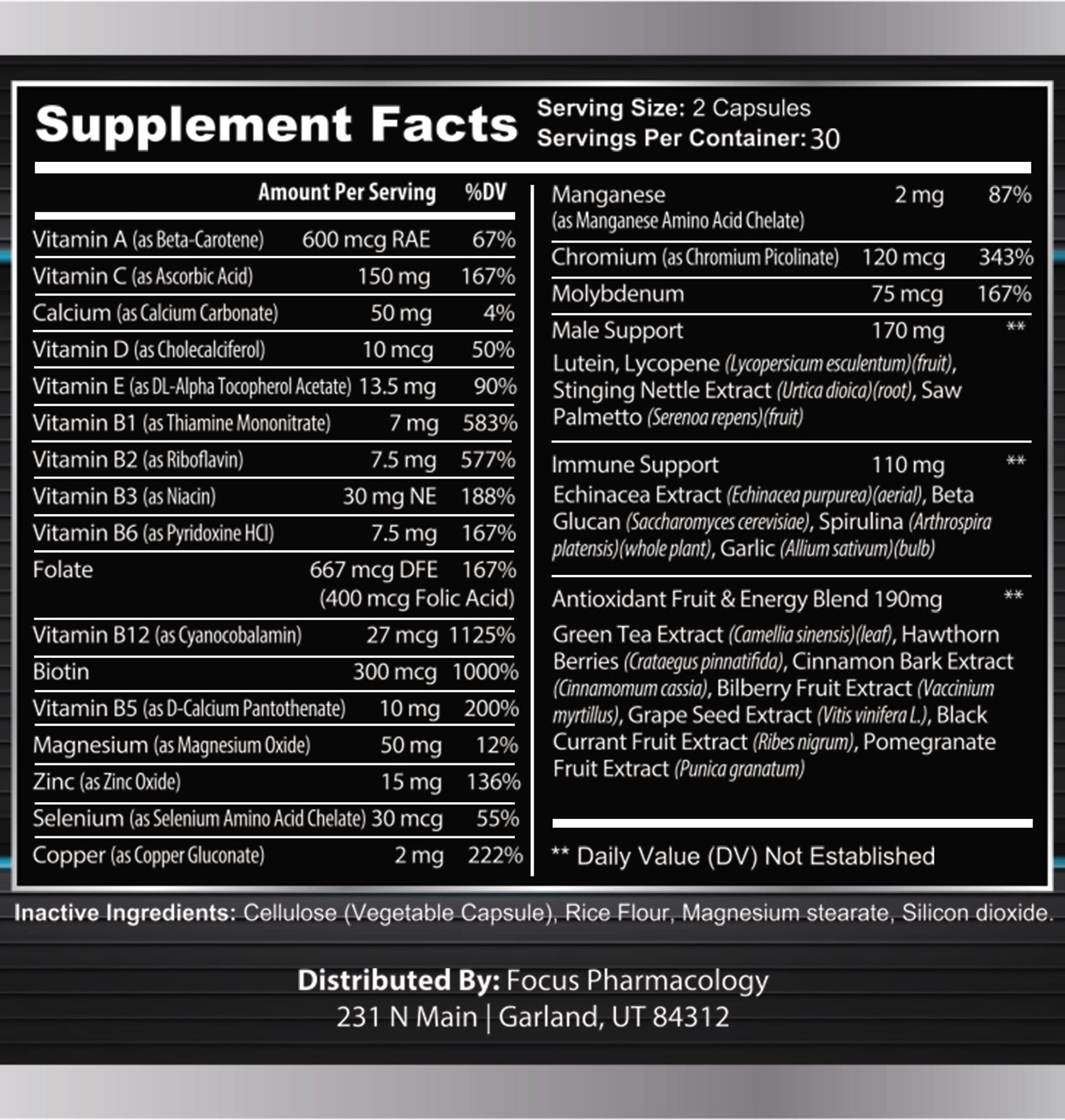 Focus Pharmacology Men's Daily Super Multi-Vitamin for Men - 60 Ct Blend of Vitamins, Minerals, Plus Herbs for Prostate Health and General Energy/Focus - TrustMedUSA