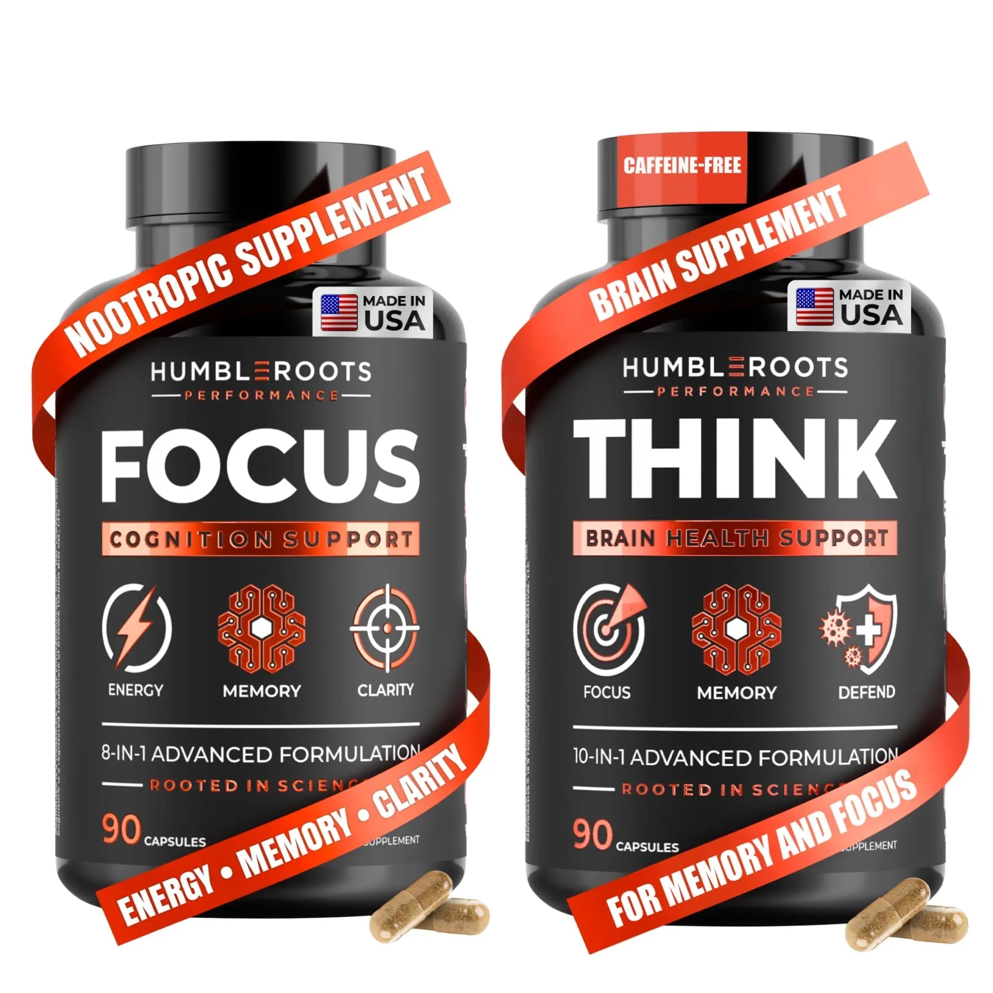 FOCUS + THINK Nootropic Brain Supplement Bundle - Energy, Memory & Focus Support - Caffeine + Caffeine-Free Cognitive Stack with Lion's Mane, Bacopa, Citicoline & L-Theanine - 2 Bottles (90 + 90 Capsu - TrustMedUSA