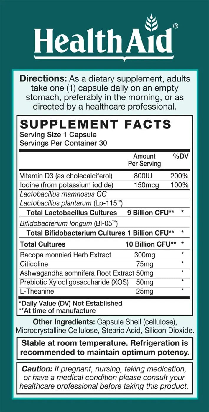 FocusProbio for Adults – 10 Billion CFU Probiotic with Prebiotic, Bacopa, Citicoline, L‑Theanine, Ashwagandha & Vitamin D₃ | Supports Focus, Mood & Gut-Brain Balance – Vegetarian, Once Daily - TrustMedUSA