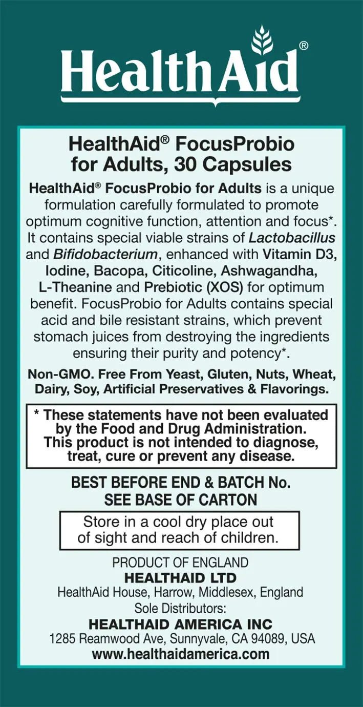FocusProbio for Adults – 10 Billion CFU Probiotic with Prebiotic, Bacopa, Citicoline, L‑Theanine, Ashwagandha & Vitamin D₃ | Supports Focus, Mood & Gut-Brain Balance – Vegetarian, Once Daily - TrustMedUSA