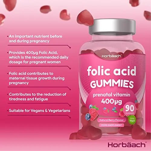 Folic Acid Gummies 400 mcg | 90 Count | Natural Berry Flavour | High Strength Prenatal - TrustMedUSA