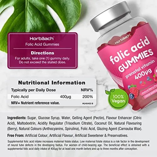 Folic Acid Gummies 400 mcg | 90 Count | Natural Berry Flavour | High Strength Prenatal - TrustMedUSA