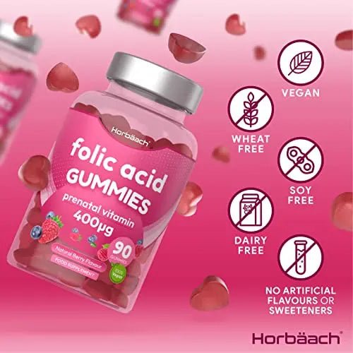 Folic Acid Gummies 400 mcg | 90 Count | Natural Berry Flavour | High Strength Prenatal - TrustMedUSA
