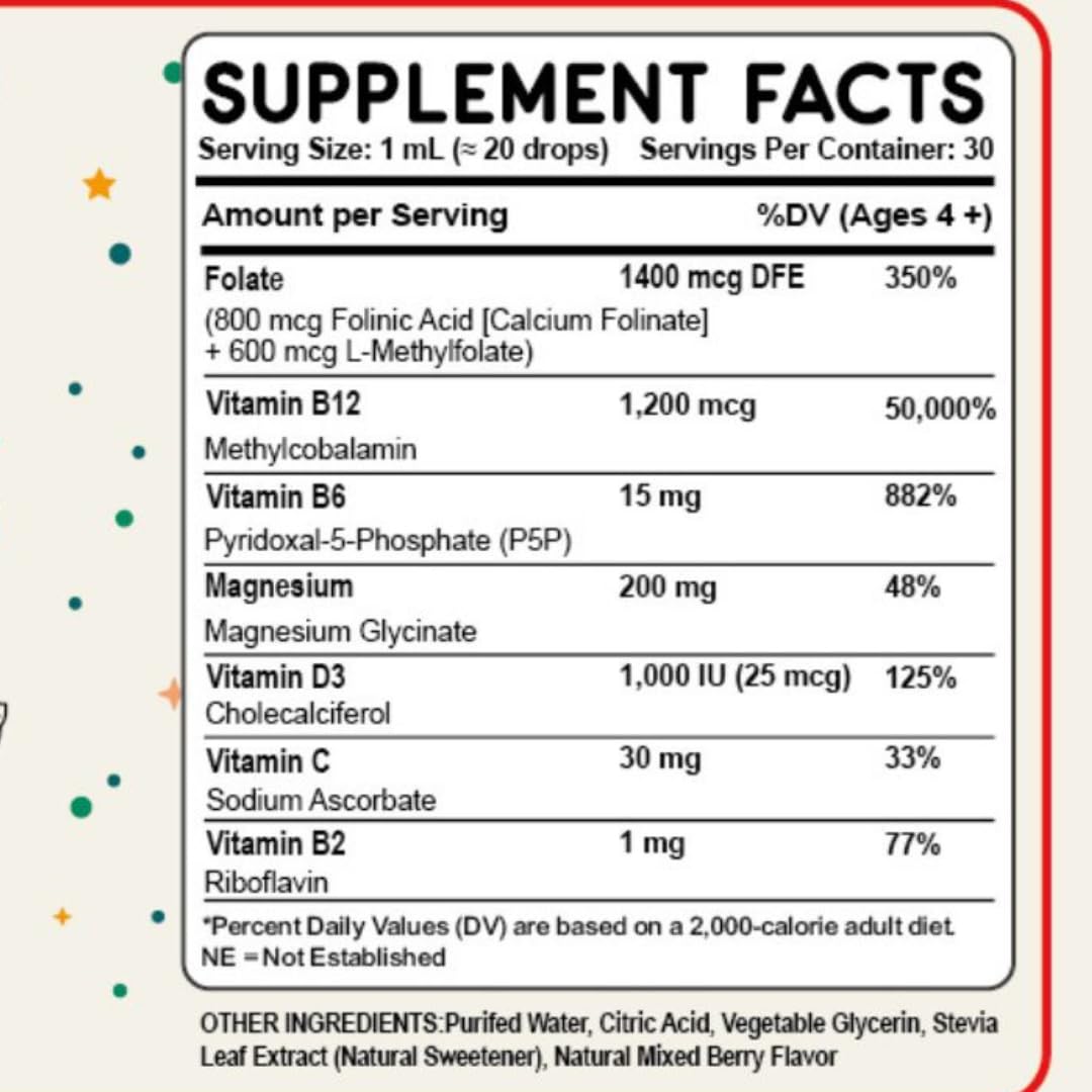 Folinic Acid Drops Kids 800 mcg + L-Methylfolate + B12 +P5P B6 Gentle Methylation Great Taste, Magnesium Glycinate, Vitamin D3 & C Folate Support for Brain,Focus, Mood & Cellular Health 5-MTHF Drops - TrustMedUSA