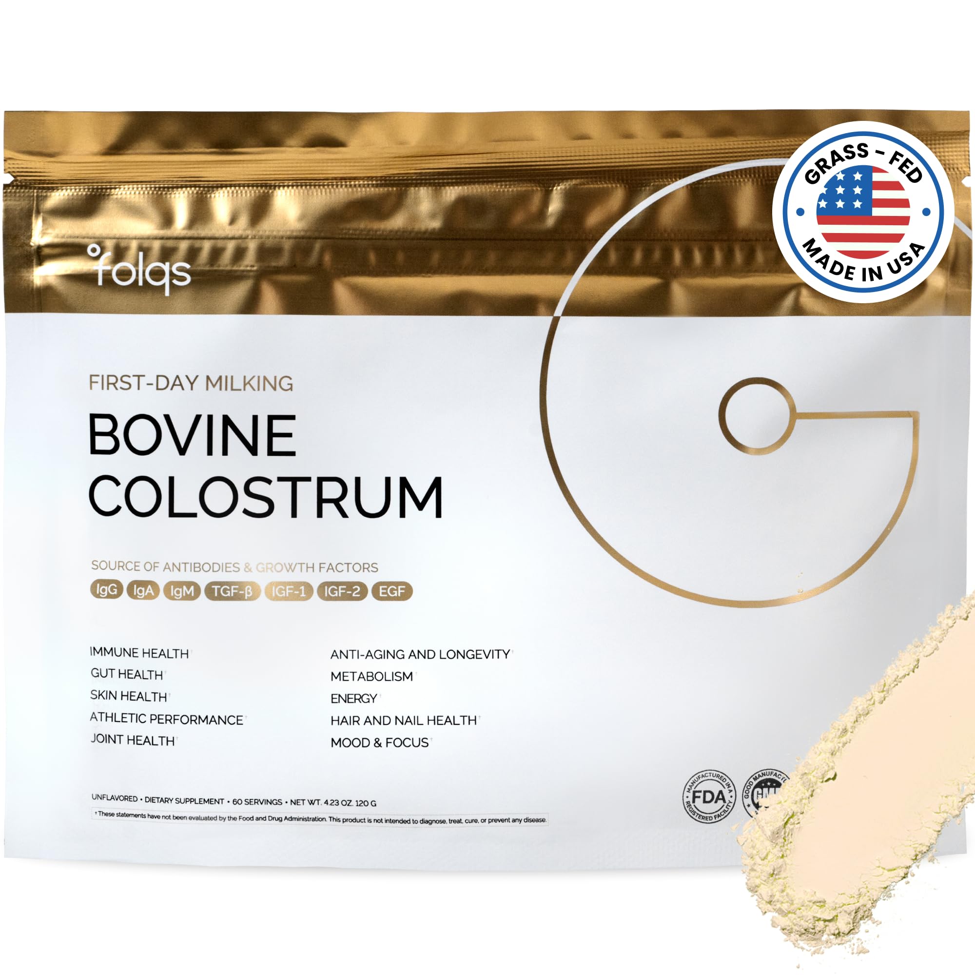 Folqs Bovine Colostrum Powder – First-Day Milking for Immune & Gut Support – 60 Servings – Supports Skin & Tissue Health – Made in USA - Amino Acids, Vitamins, Minerals – Kosher - Sustainably Sourced - TrustMedUSA