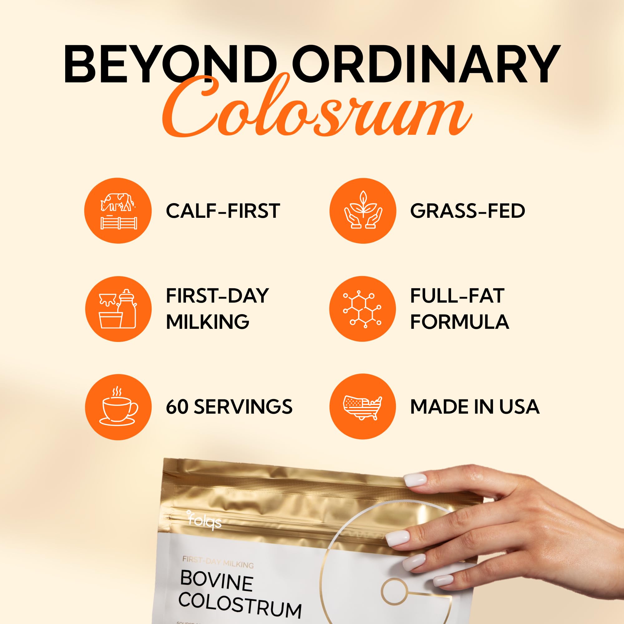 Folqs Bovine Colostrum Powder – First-Day Milking for Immune & Gut Support – 60 Servings – Supports Skin & Tissue Health – Made in USA - Amino Acids, Vitamins, Minerals – Kosher - Sustainably Sourced - TrustMedUSA