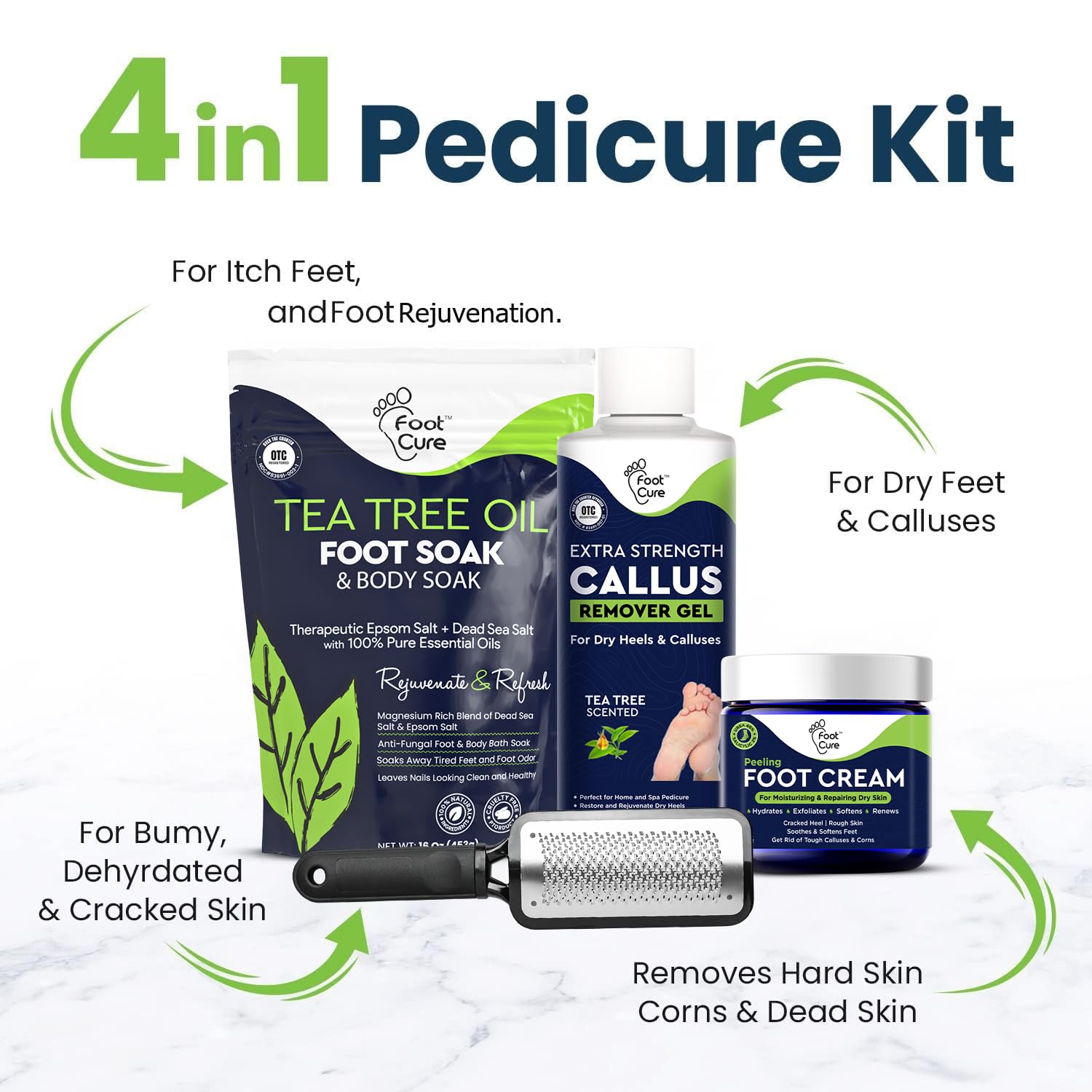 FOOT CURE Exfoliator & Callus Remover Pedicure Set – Care Kit Includes File for Dead Skin, Tea Tree Oil Soak Salts, Urea Cream 40 Percent Removal Gel Made in USA, 4 Piece - Maple Wellness Supplements