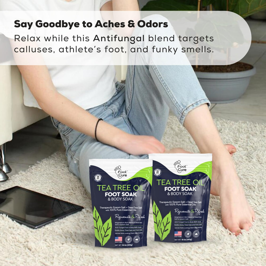 FOOT CURE Tea Tree Oil Foot Soak with Epsom Salt - Best Toenail Fungus Treatment, Athletes Foot & Softens Calluses - Soothes Sore & Tired Feet, Fungal Toe, Foot Odor Scent, Spa Pedicure (Pack of 2) - Maple Wellness Supplements