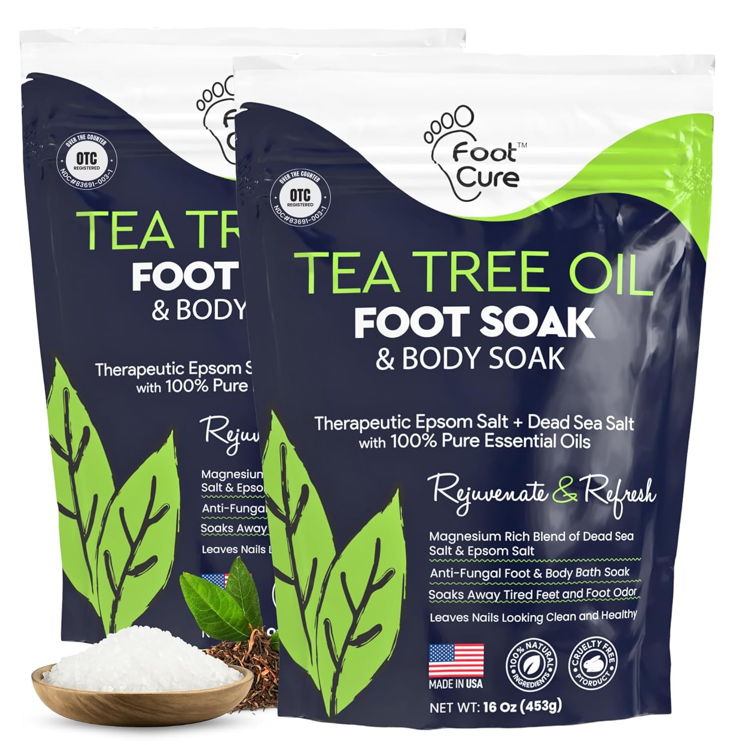 FOOT CURE Tea Tree Oil Foot Soak with Epsom Salt - Best Toenail Fungus Treatment, Athletes Foot & Softens Calluses - Soothes Sore & Tired Feet, Fungal Toe, Foot Odor Scent, Spa Pedicure (Pack of 2) - Maple Wellness Supplements