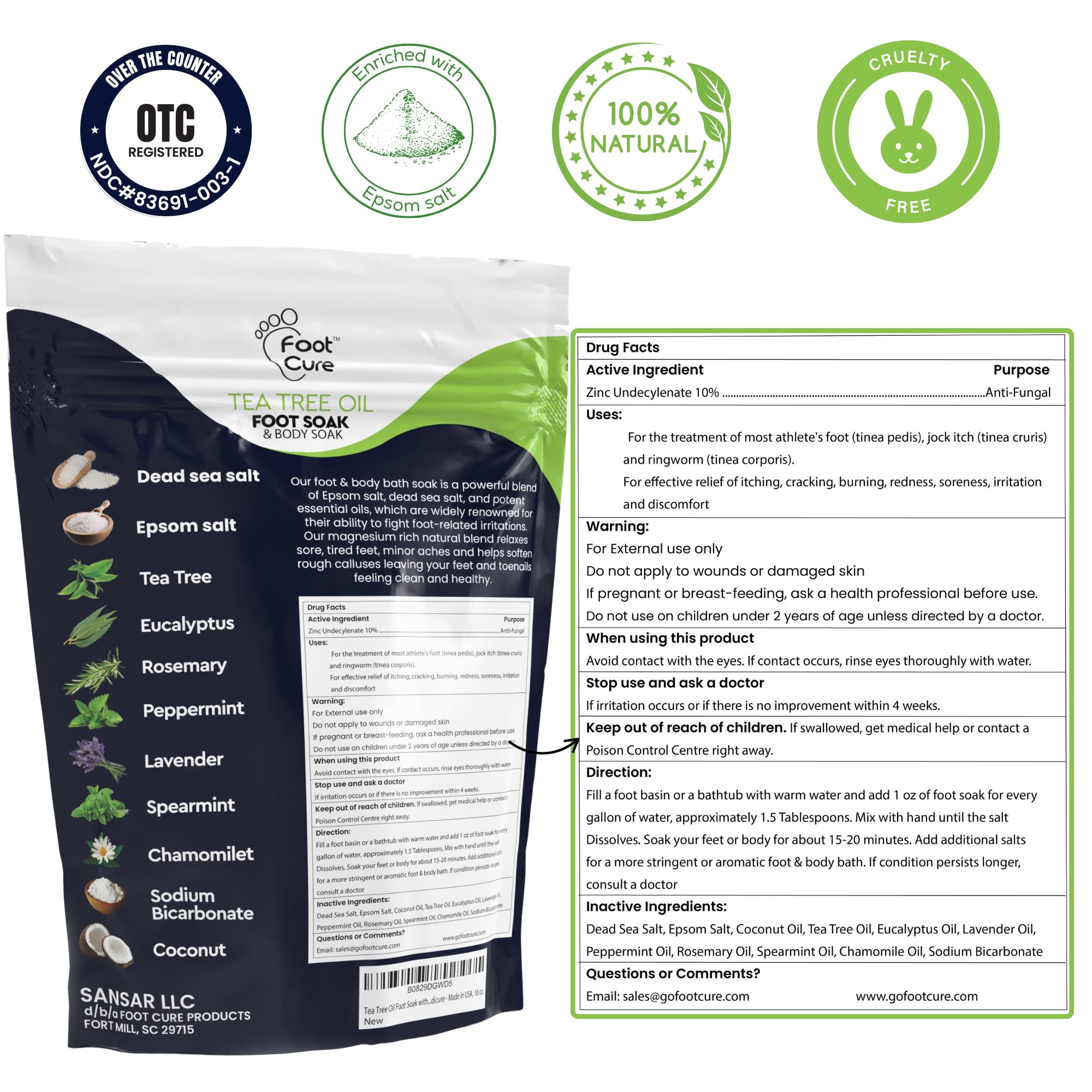 FOOT CURE Tea Tree Oil Foot Soak with Epsom Salt - Best Toenail Fungus Treatment, Athletes Foot & Softens Calluses - Soothes Sore & Tired Feet, Fungal Toe, Foot Odor Scent, Spa Pedicure (Pack of 2) - Maple Wellness Supplements