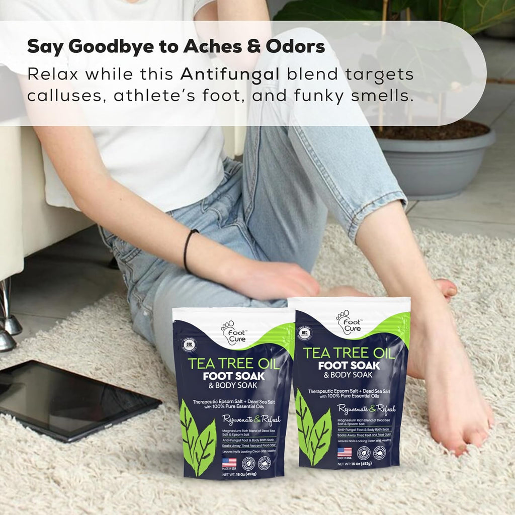 FOOT CURE Tea Tree Oil Foot Soak with Epsom Salt - Best Toenail Fungus Treatment, Athletes Foot & Softens Calluses - Soothes Sore & Tired Feet, Fungal Toe, Foot Odor Scent, Spa Pedicure (Pack of 2) - Maple Wellness Supplements