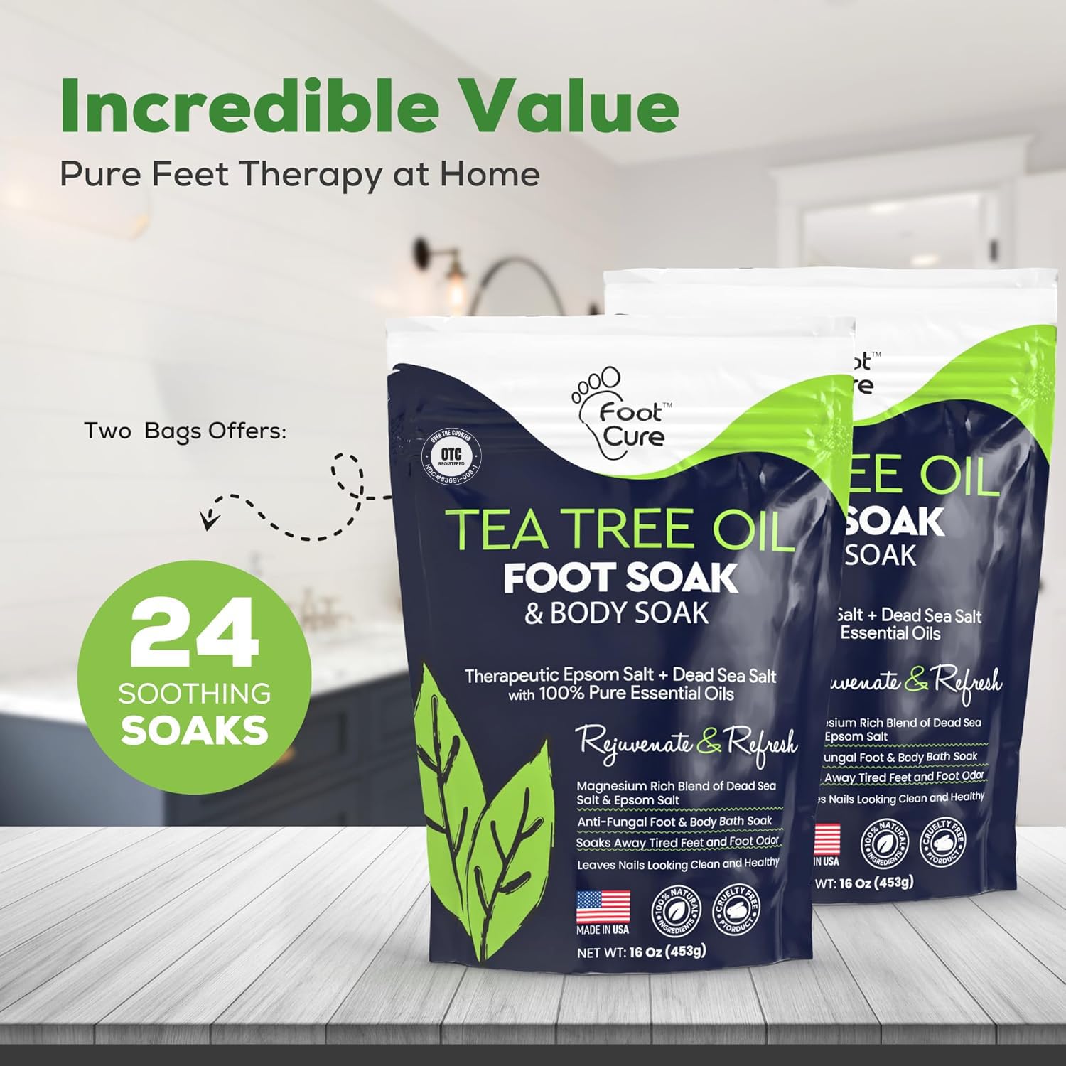 FOOT CURE Tea Tree Oil Foot Soak with Epsom Salt - Best Toenail Fungus Treatment, Athletes Foot & Softens Calluses - Soothes Sore & Tired Feet, Fungal Toe, Foot Odor Scent, Spa Pedicure (Pack of 2) - Maple Wellness Supplements