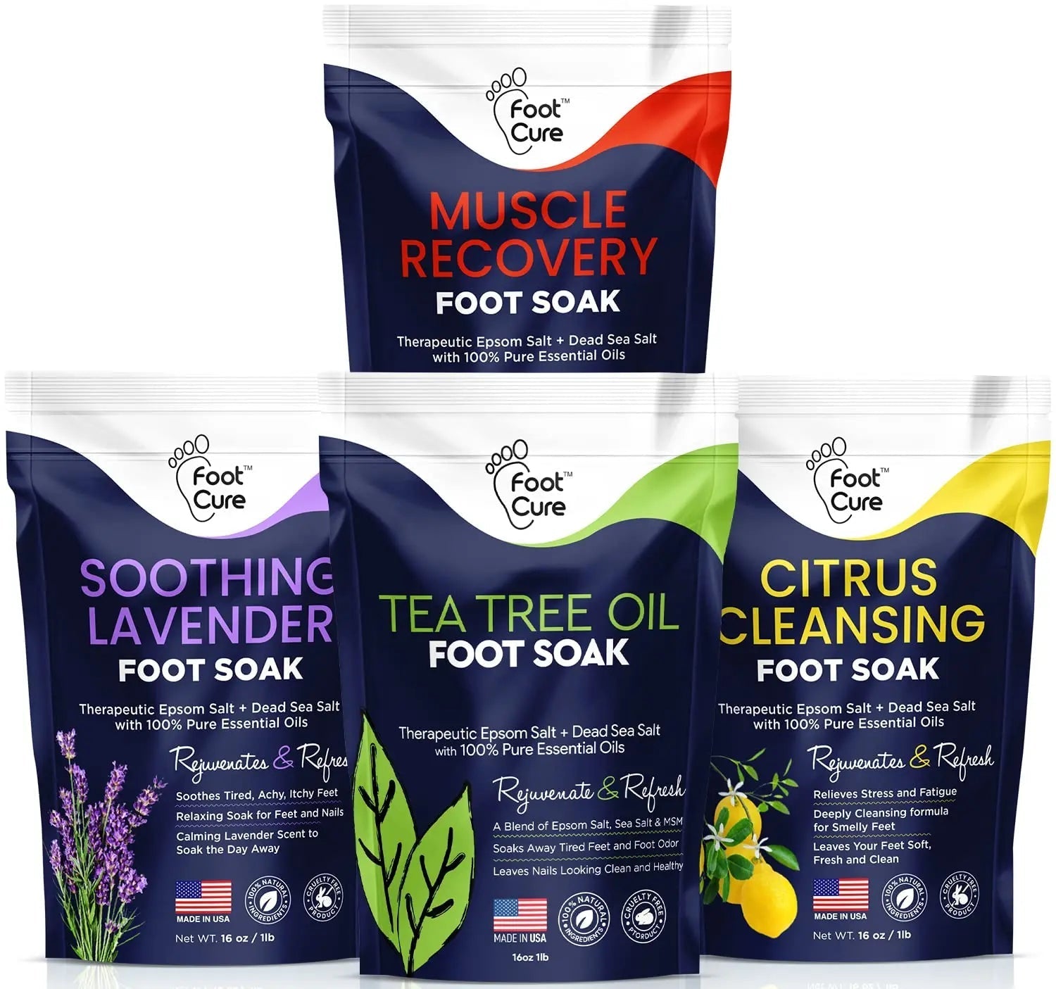 Foot Soak with Epsom Salts- Variety Pack of 4- Tea Tree Oil, Muscle Relief, Calming - TrustMedUSA