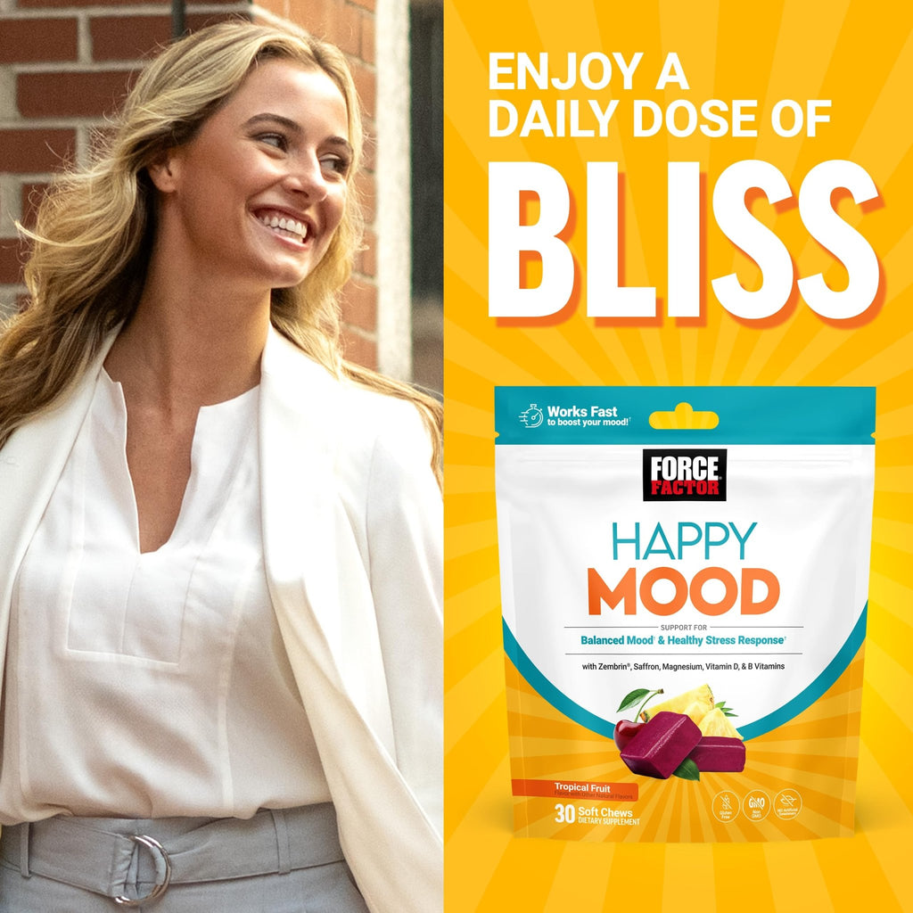 FORCE FACTOR Happy Mood, Mood Support and Mood Balance Supplement to Support Happiness, Positivity, and Stress, Made with Magnesium, Saffron, Zembrin, Non-GMO, Tropical Fruit Flavor, 30 Soft Chews - TrustMedUSA