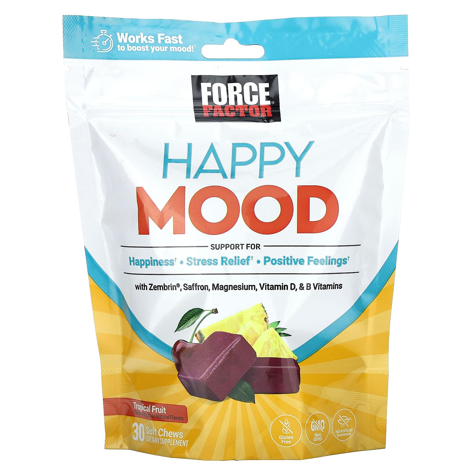 FORCE FACTOR Happy Mood, Mood Support and Mood Balance Supplement to Support Happiness, Positivity, and Stress, Made with Magnesium, Saffron, Zembrin, Non-GMO, Tropical Fruit Flavor, 30 Soft Chews - TrustMedUSA