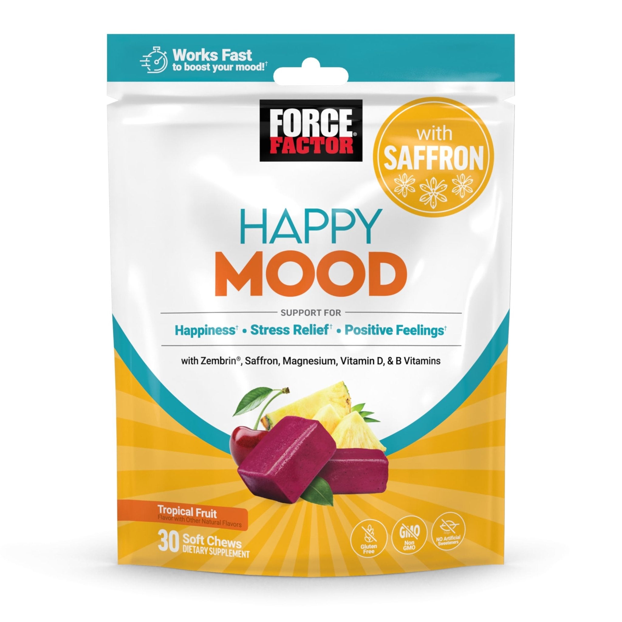 FORCE FACTOR Happy Mood, Mood Support and Mood Balance Supplement to Support Happiness, Positivity, and Stress, Made with Magnesium, Saffron, Zembrin, Non-GMO, Tropical Fruit Flavor, 30 Soft Chews - TrustMedUSA