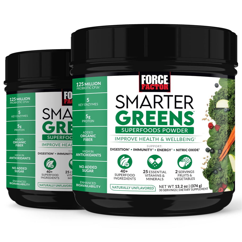 Force Factor Smarter Greens Superfoods Powder, 2-Pack, Supports Digestion and Bloating, Immunity, and Energy, Greens Powder with Probiotics, Digestive Enzymes, Antioxidants, and Fiber, 60 Servings - TrustMedUSA