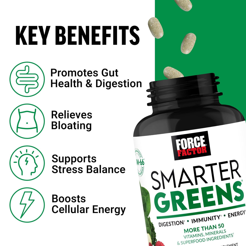 FORCE FACTOR Smarter Greens Tablets, Greens Supplement with 25+ Superfoods and Antioxidants to Improve Digestion, Reduce Stress, Strengthen Immunity, and Support Metabolism, 90 Tablets - TrustMedUSA