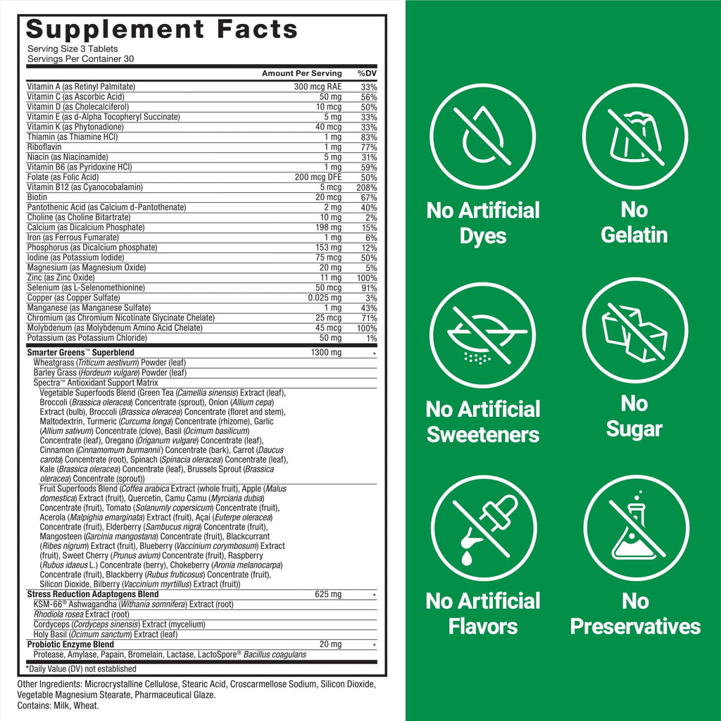 FORCE FACTOR Smarter Greens Tablets, Greens Supplement with 25+ Superfoods and Antioxidants to Improve Digestion, Reduce Stress, Strengthen Immunity, and Support Metabolism, 90 Tablets - TrustMedUSA