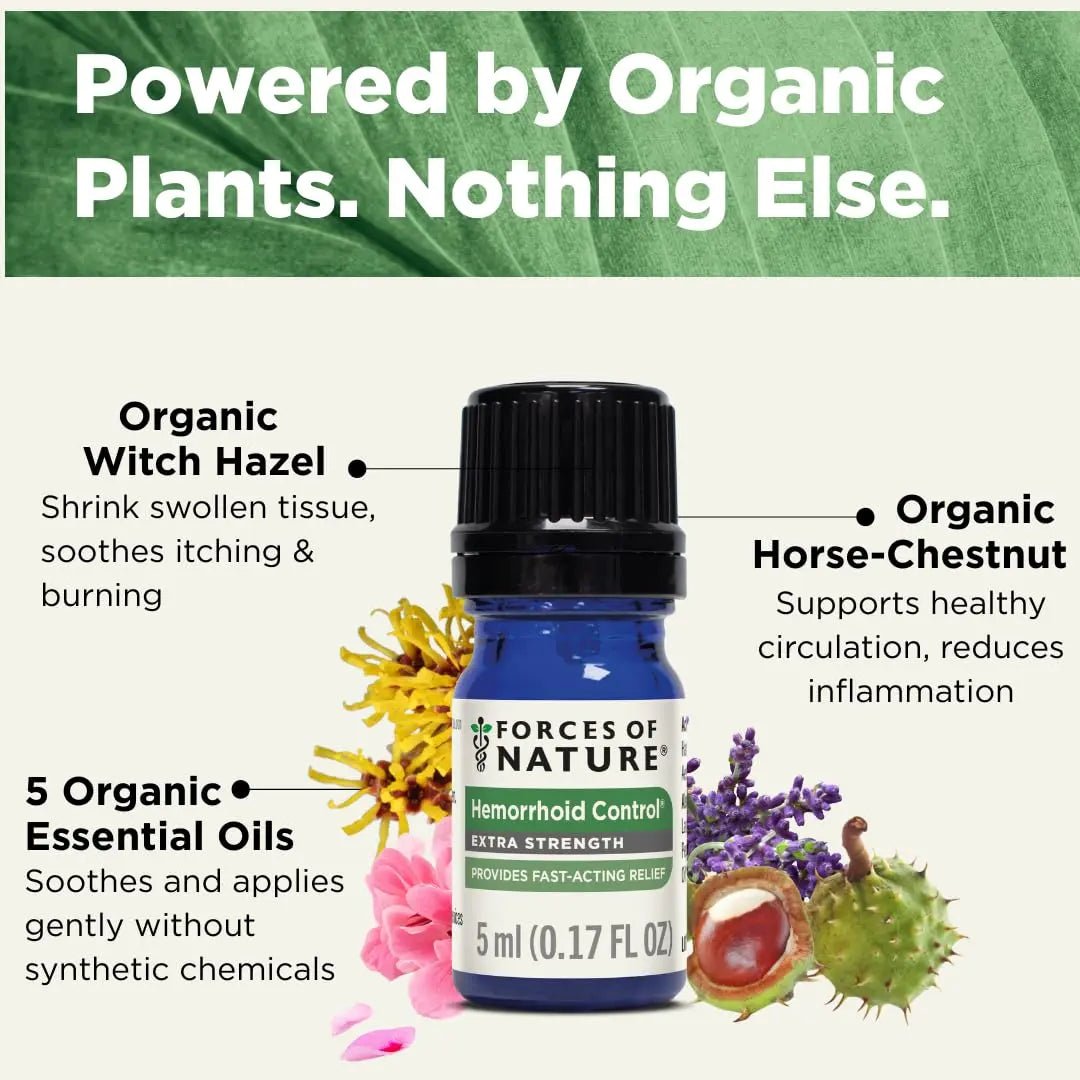 Forces of Nature Hemorrhoid Control Extra Strength, Organic Homeopathic Medicine with Witch Hazel, Horse Chestnut, and Soothing Essential Oils for Itching, Swelling & Discomfort, 5ml (0.17 fl oz) - TrustMedUSA