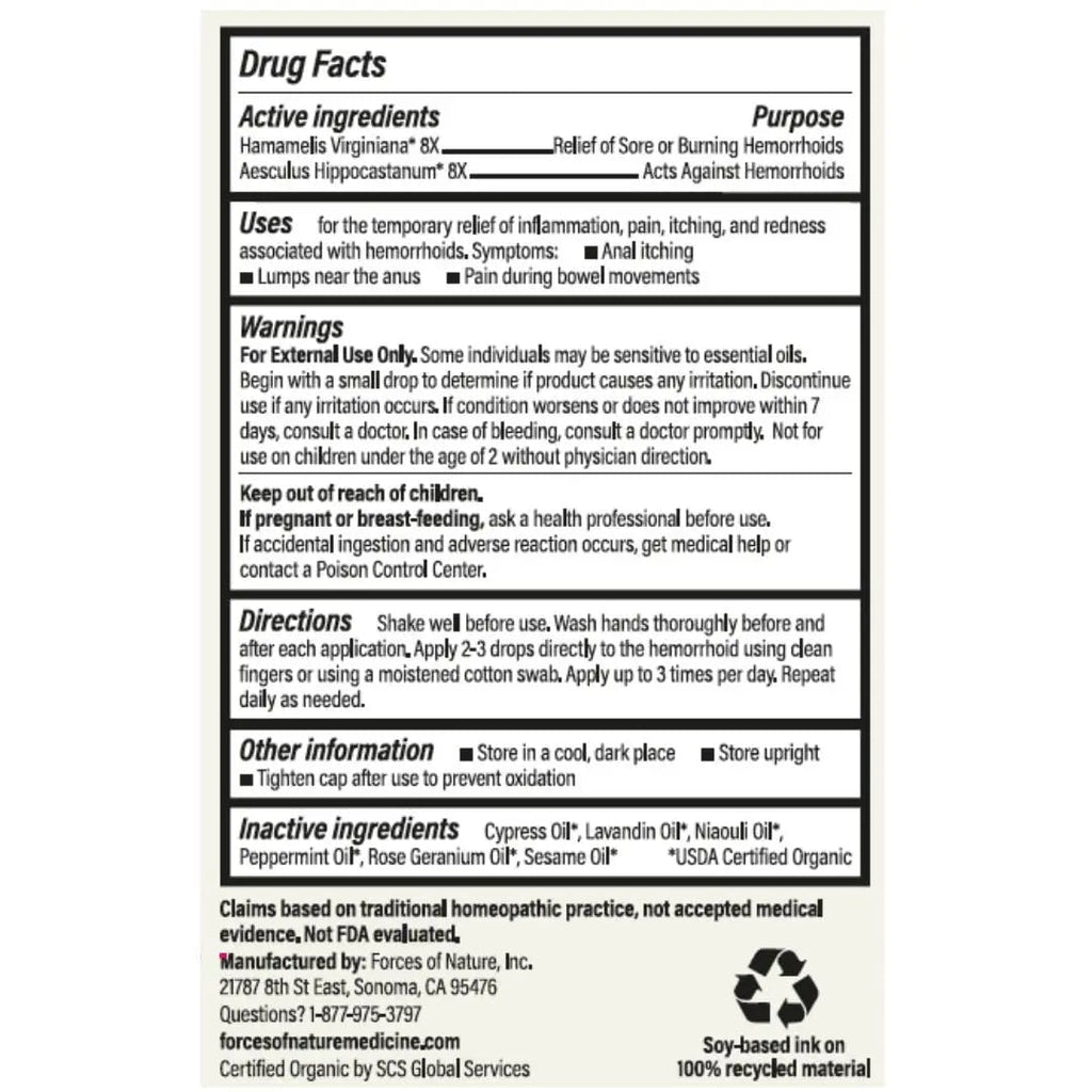 Forces of Nature Hemorrhoid Control Extra Strength, Organic Homeopathic Medicine with Witch Hazel, Horse Chestnut, and Soothing Essential Oils for Itching, Swelling & Discomfort, 5ml (0.17 fl oz) - TrustMedUSA