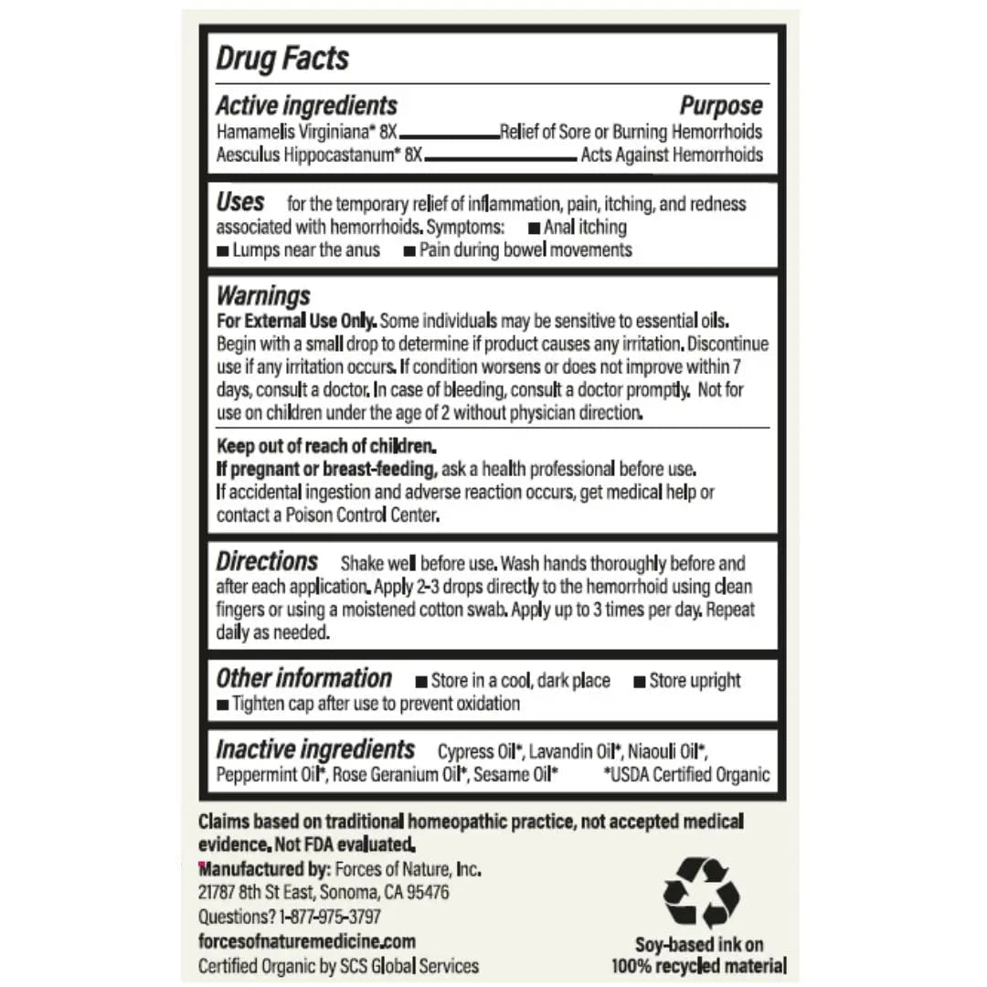 Forces of Nature Hemorrhoid Control Extra Strength, Organic Homeopathic Medicine with Witch Hazel, Horse Chestnut, and Soothing Essential Oils for Itching, Swelling & Discomfort, 5ml (0.17 fl oz) - TrustMedUSA