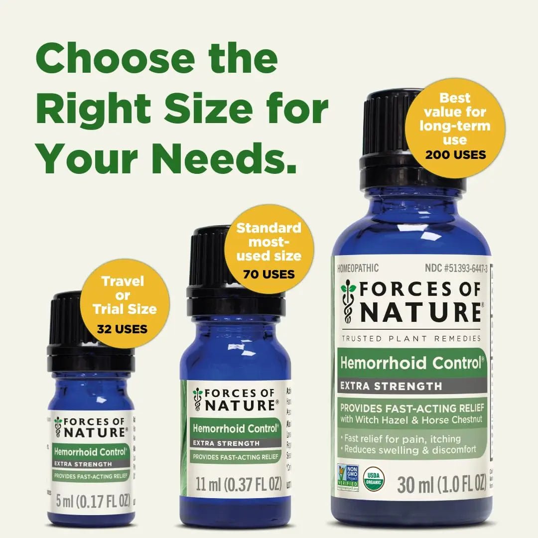 Forces of Nature Hemorrhoid Control Extra Strength, Organic Homeopathic Medicine with Witch Hazel, Horse Chestnut, and Soothing Essential Oils for Itching, Swelling & Discomfort, 5ml (0.17 fl oz) - TrustMedUSA