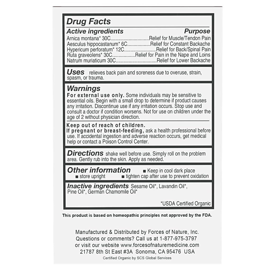 Forces of Nature Natural, Organic Back Pain Relief, w/Arnica & St John's Wort, Fast Acting Anti-Inflammatory Topical Muscle Soother for Lower Back, Sciatica, Neck, Non-GMO, Cruelty-Free, 0.14 Fl Oz - TrustMedUSA