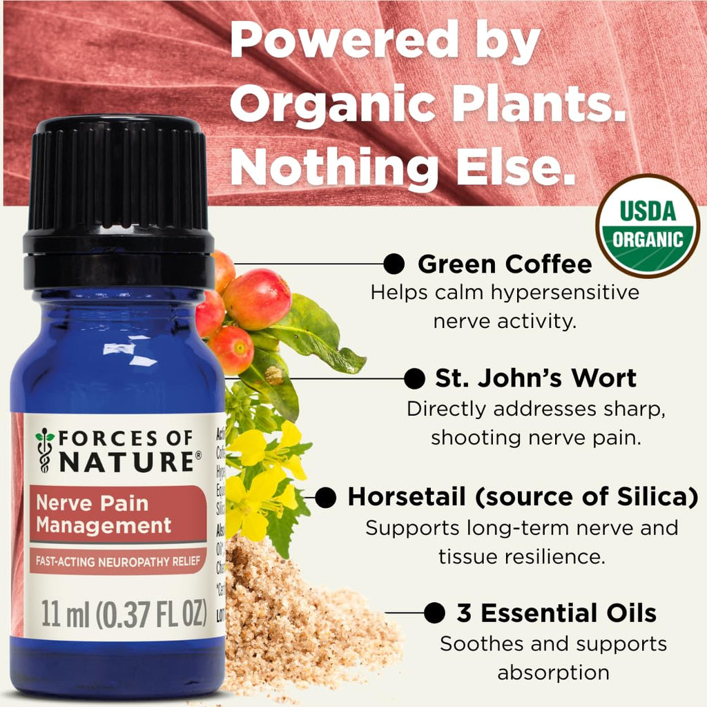 Forces of Nature Nerve Pain Management, Organic Topical Relief for Neuropathy & Nerve Discomfort, Homeopathic Medicine Supports Relief from Shooting Pains for Back, Hands, Legs and Feet, .37 fl oz - TrustMedUSA
