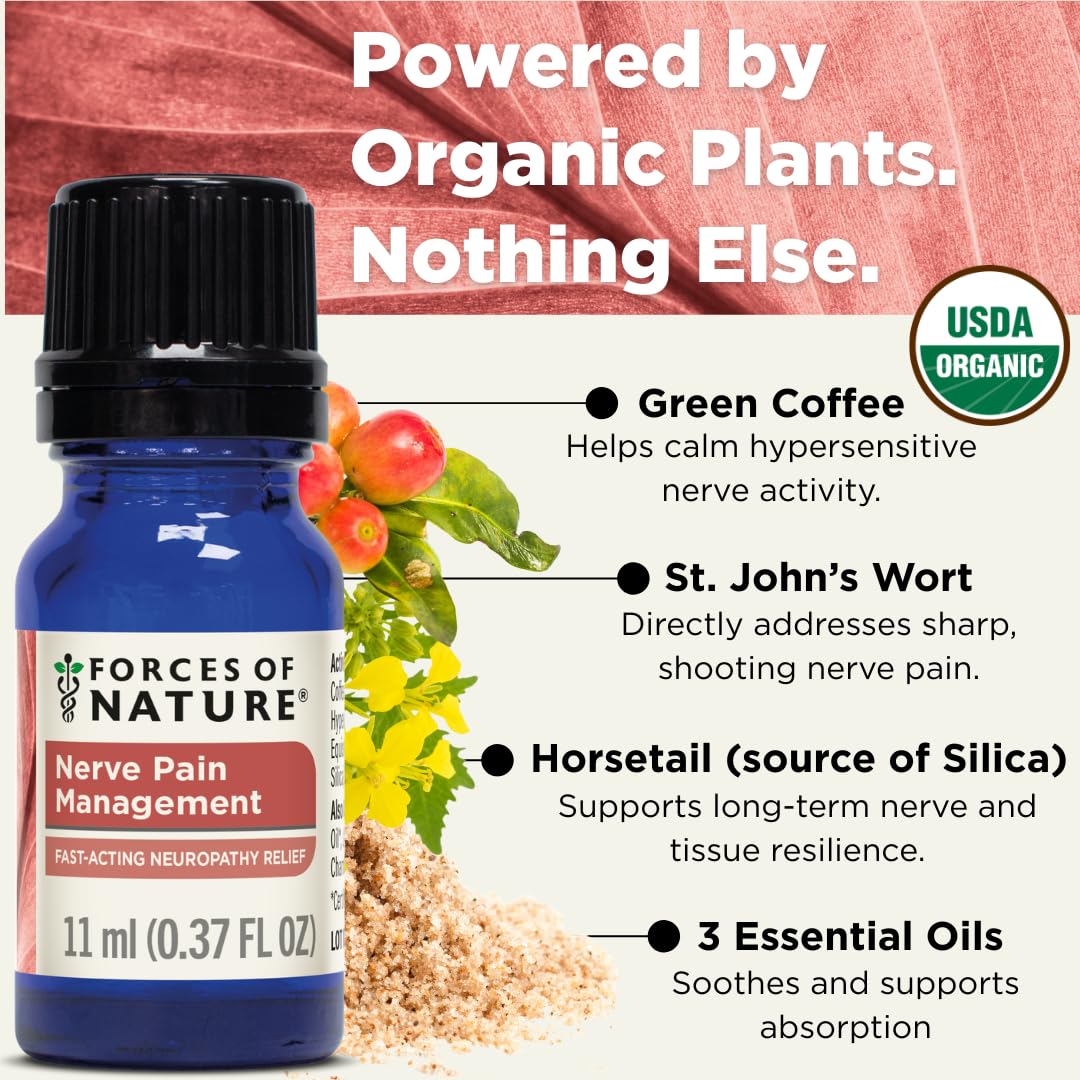 Forces of Nature Nerve Pain Management, Organic Topical Relief for Neuropathy & Nerve Discomfort, Homeopathic Medicine Supports Relief from Shooting Pains for Back, Hands, Legs and Feet, .37 fl oz - TrustMedUSA