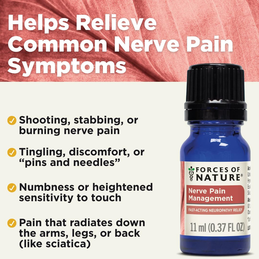 Forces of Nature Nerve Pain Management, Organic Topical Relief for Neuropathy & Nerve Discomfort, Homeopathic Medicine Supports Relief from Shooting Pains for Back, Hands, Legs and Feet, .37 fl oz - TrustMedUSA