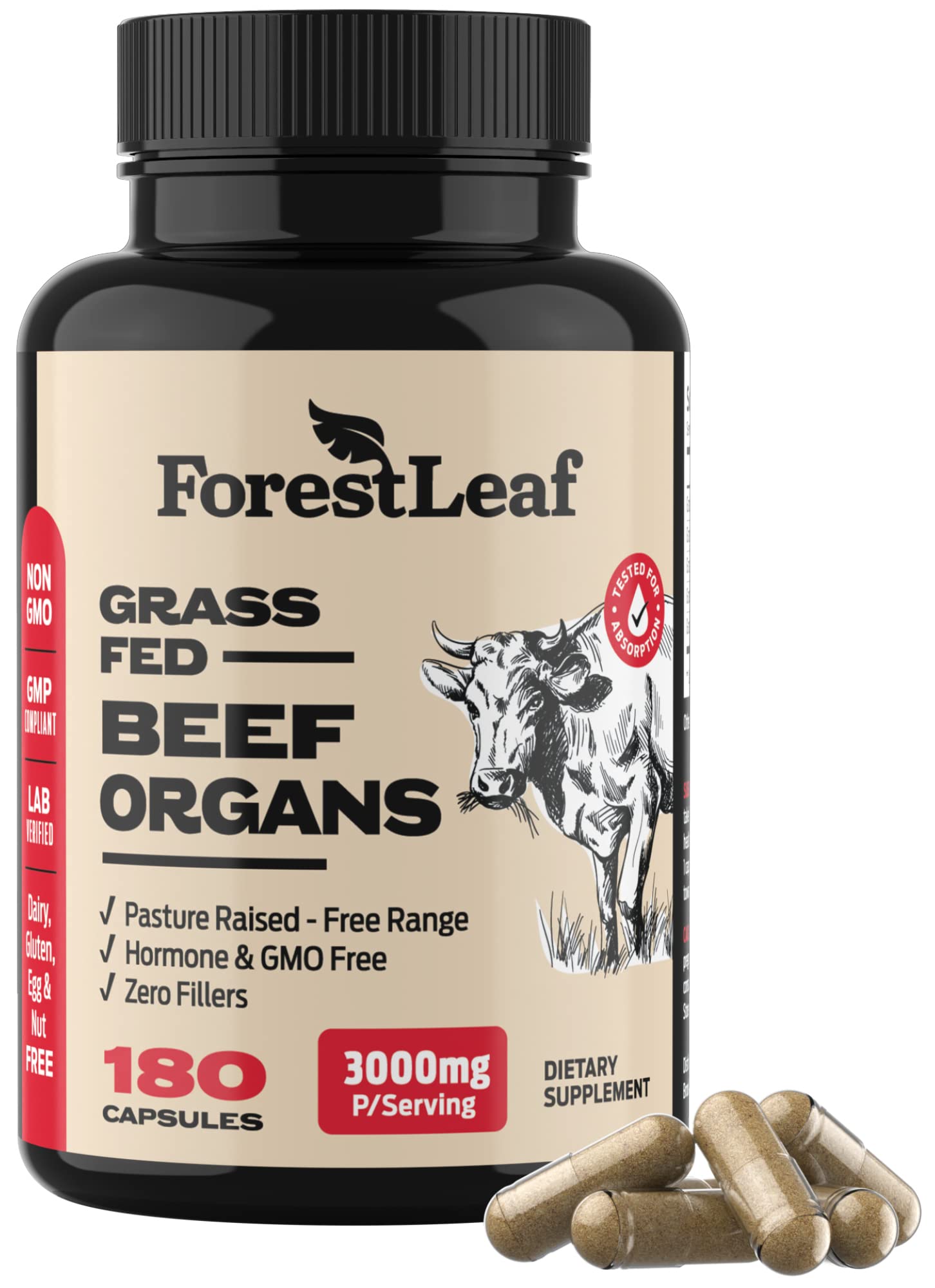 ForestLeaf Beef Organ Supplement - Grass Fed & Pasture Raised - Total Body Wellness & Performance, Organ Complex with 3000mg of Desiccated Beef Liver, - TrustMedUSA