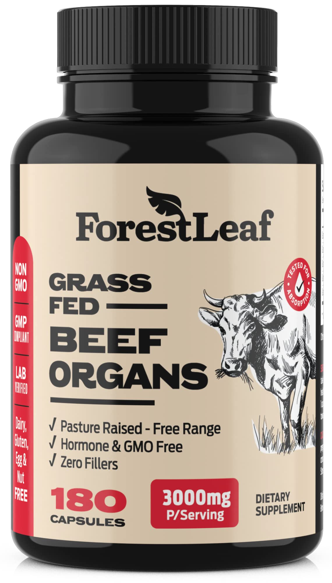 ForestLeaf Beef Organ Supplement - Grass Fed & Pasture Raised - Total Body Wellness & Performance, Organ Complex with 3000mg of Desiccated Beef Liver, - TrustMedUSA