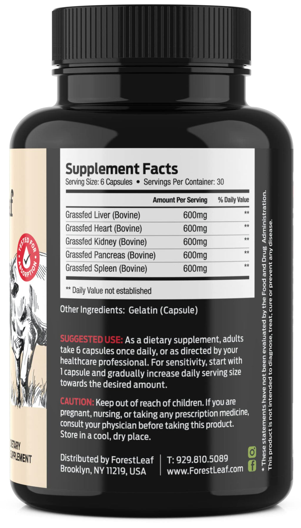 ForestLeaf Beef Organ Supplement - Grass Fed & Pasture Raised - Total Body Wellness & Performance, Organ Complex with 3000mg of Desiccated Beef Liver, - TrustMedUSA